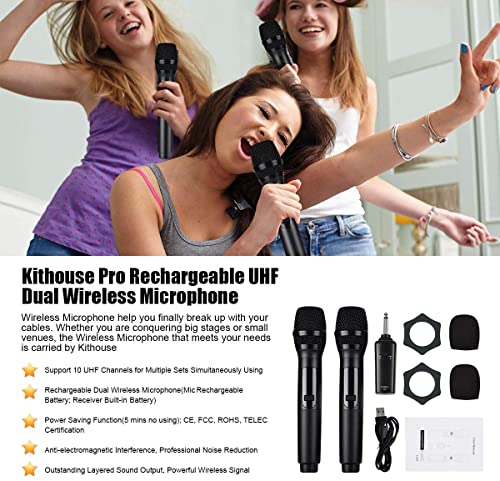 KITHOUSE K380S UHF Rechargeable Wireless Microphone Karaoke Microphone Wireless Mic Dual with Receiver System Set - Professional Handheld Dynamic Cordless Microphone for Singing Karaoke Speech Church