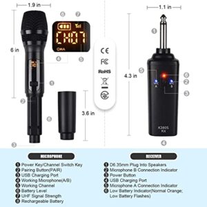 KITHOUSE K380S UHF Rechargeable Wireless Microphone Karaoke Microphone Wireless Mic Dual with Receiver System Set - Professional Handheld Dynamic Cordless Microphone for Singing Karaoke Speech Church