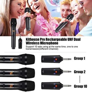 KITHOUSE K380S UHF Rechargeable Wireless Microphone Karaoke Microphone Wireless Mic Dual with Receiver System Set - Professional Handheld Dynamic Cordless Microphone for Singing Karaoke Speech Church