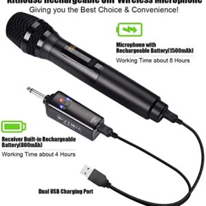 KITHOUSE K380S UHF Rechargeable Wireless Microphone Karaoke Microphone Wireless Mic Dual with Receiver System Set - Professional Handheld Dynamic Cordless Microphone for Singing Karaoke Speech Church