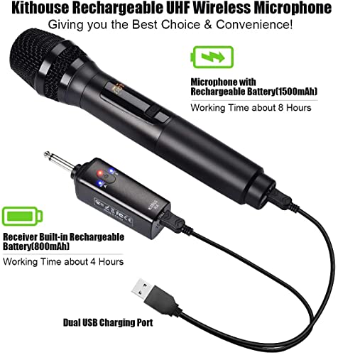 KITHOUSE K380S UHF Rechargeable Wireless Microphone Karaoke Microphone Wireless Mic Dual with Receiver System Set - Professional Handheld Dynamic Cordless Microphone for Singing Karaoke Speech Church