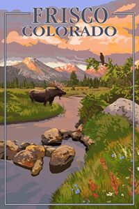 frisco, colorado, moose and mountain stream at sunset (24×36 gallery quality metal art, aluminum decor)