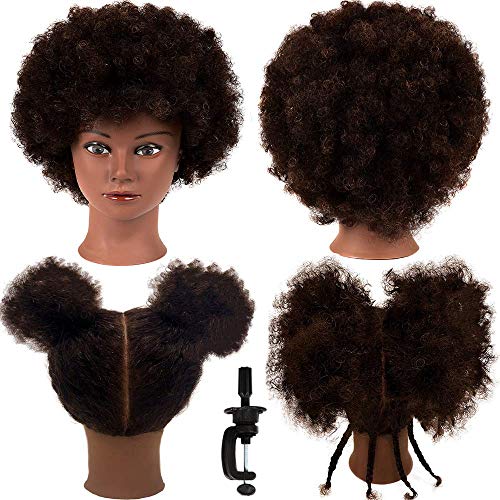 Morris African American Mannequin Head With 100% Human Hair Hairdresser Manikin Curly hair Head Training Head Cosmetology Doll Head for Practice Styling Braiding with Clamp Stand