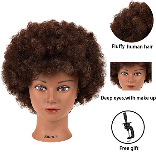 Morris African American Mannequin Head With 100% Human Hair Hairdresser Manikin Curly hair Head Training Head Cosmetology Doll Head for Practice Styling Braiding with Clamp Stand