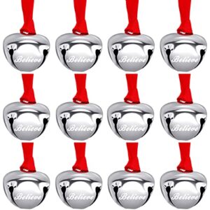 1.5 inch believe bell ornament christmas sleigh bell with red ribbon metal christmas bell ornament for christmas tree holiday decoration (silver, 12 pieces)
