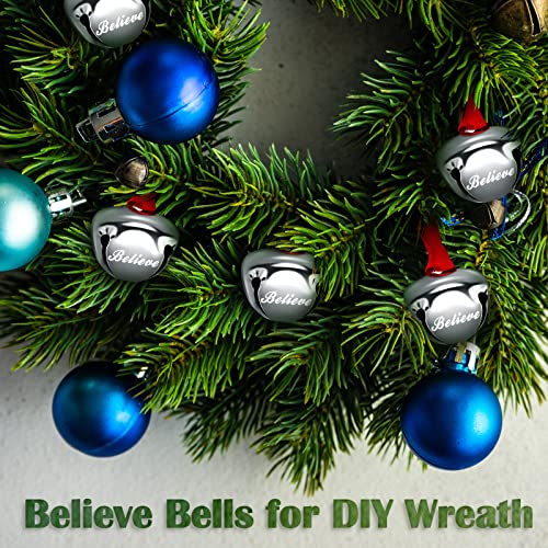 1.5 Inch Believe Bell Ornament Christmas Sleigh Bell with Red Ribbon Metal Christmas Bell Ornament for Christmas Tree Holiday Decoration (Silver, 12 Pieces)