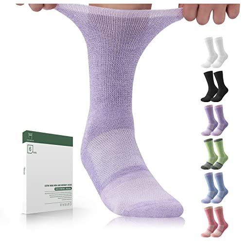 Bulinlulu Diabetic Socks Women&Men-6 Pairs Bamboo Non Binding Diabetic Crew Socks,Extra Wide Socks Stretchy Loose Top Socks with Seamless Toe(Medium,Bright Clashing Colours)