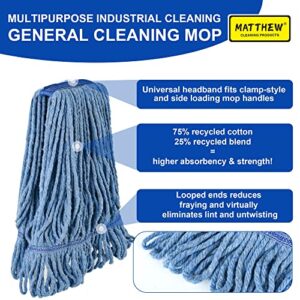 Matthew Cleaning Heavy Duty Mop Head Commercial Replacement for General and Floor Cleaning , Wet Industrial Blue Cotton Looped End String Head Refill (Pack of 3) Blue