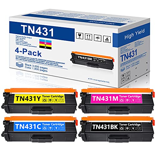 4-Pack(1BK+1C+1M+1Y) Compatible TN431 Toner Cartridge Replacement for Brother TN-431 HL-L8260CDW HL-L8360CDW MFC-L8900CDW MFC-L8610CDW Color Printer