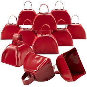 metal cowbells – red 3 inch cow bells noise makers, loud call bell with handles for sporting events, cheering, team spirit, noisemakers, weddings, (pack of 12)