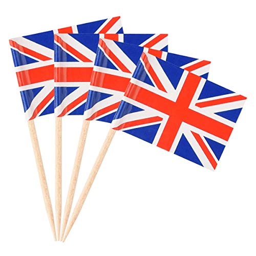 Donoter 100 Pack British Flag Toothpicks Union Jack Cupcake Topper Picks for Birthday Party Cake Decorations