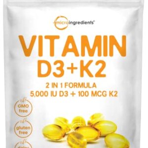 Micro Ingredients Vitamin D3 5000 IU Plus K2 100 mcg, 300 Soft-Gels | 2 in 1 Formula, K2 MK-7 with D3 Vitamin Supplement, Support Immune, Heart, Joint, Teeth & Bone Health - Easy to Swallow