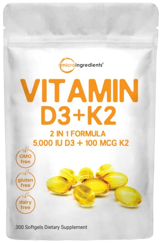 Micro Ingredients Vitamin D3 5000 IU Plus K2 100 mcg, 300 Soft-Gels | 2 in 1 Formula, K2 MK-7 with D3 Vitamin Supplement, Support Immune, Heart, Joint, Teeth & Bone Health - Easy to Swallow