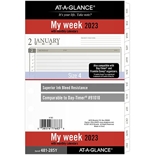 AT-A-GLANCE 2023 Weekly & Monthly Planner Refill, Hourly, 91010 Day-Timer, 5-1/2" x 8-1/2", Size 4, Desk Size, Loose Leaf, Monthly Tabs (481-285Y)