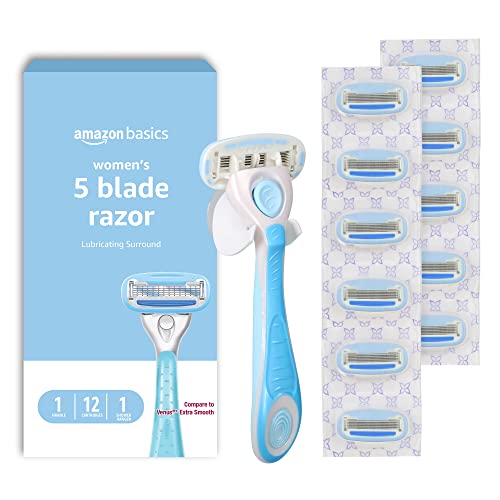 Amazon Basics 5-Blade Razor for Women, Handle, 12 Cartridges & Shower Hanger (Cartridges fit Amazon Basics Razor Handles only) (Previously Solimo)