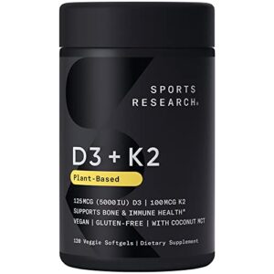 sports research vitamin d3 + k2 with 5000iu of plant-based d3 & 100mcg of vitamin k2 as mk-7 | non-gmo verified & vegan certified (120ct)
