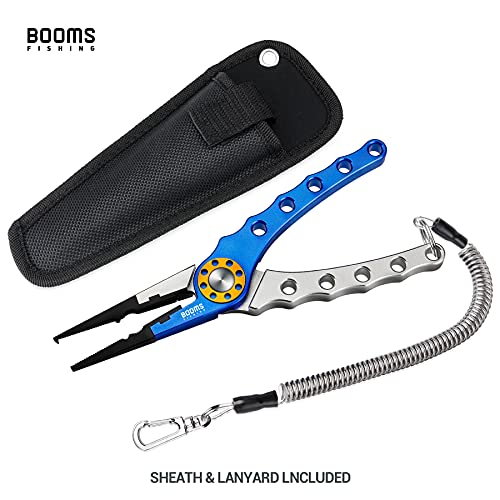 Booms Fishing X1 Aluminum Fishing Pliers Hook Remover Braid Line Cutting and Split Ring with Coiled Lanyard and Sheath