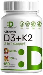 deal supplement vitamin d3 k2 softgel, 180 counts, 2-1 complex, vitamin d3 5000 iu & vitamin k2 mk7, promotes heart, bone & teeth health – very easy to swallow