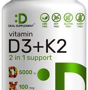 DEAL SUPPLEMENT Vitamin D3 K2 Softgel, 180 Counts, 2-1 Complex, Vitamin D3 5000 IU & Vitamin K2 MK7, Promotes Heart, Bone & Teeth Health - Very Easy to Swallow