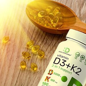 DEAL SUPPLEMENT Vitamin D3 K2 Softgel, 180 Counts, 2-1 Complex, Vitamin D3 5000 IU & Vitamin K2 MK7, Promotes Heart, Bone & Teeth Health - Very Easy to Swallow