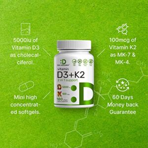 DEAL SUPPLEMENT Vitamin D3 K2 Softgel, 180 Counts, 2-1 Complex, Vitamin D3 5000 IU & Vitamin K2 MK7, Promotes Heart, Bone & Teeth Health - Very Easy to Swallow