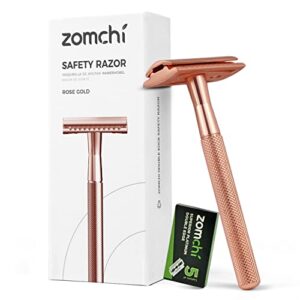 double edge safety razor for women, safety razor with 5 blades, women razor with a delicate box, fits all double edge razor blades,free of plastic (rose gold)