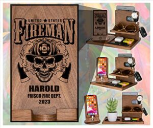 taidesor custom name gifts for district chief – skull smoke head – frisco fire dept, handmade wooden personalized birthday, promotion, graduation, retirement gift for firefighter fireman