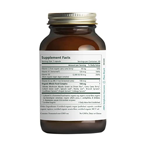 PURE SYNERGY D3 + K2 Complex | 60 Capsules | D3 + K2 Vitamins Made with Organic Ingredients | Non-GMO | Vegan | Made with Organic Vegetables and Fruits