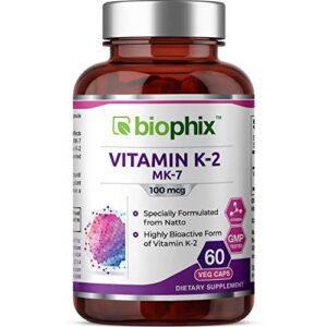 biophix vitamin k2 mk-7 – 100 mcg 60 vcaps – (clearance item expiring 06-2023) supports strong bones immune health and d-3