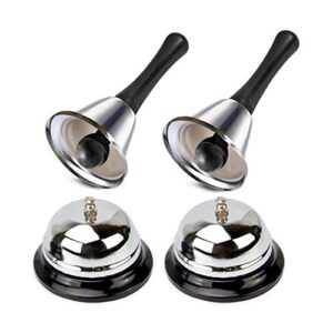 [4 Pack] Call Bell with Handle and Counter Bell - Silver Desk Bells, Stainless Steel Hand Bell, Loud Ring for Elderly, Doorbell, Hotel Reception, Restaurant, Kitchen, Store, School, Teacher
