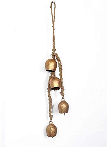 Siddhivinayak Overseas Iron Wrought Bell Chime Handmade Brass Finish Wall Hanging Rope 4 Bell