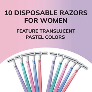 BIC Silky Touch Women's Disposable Razors, With 2 Blades, Pretty Pastel Razor Handles, 10 Count (Pack of 1)