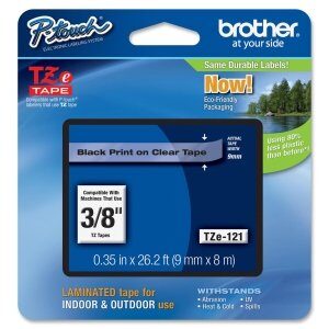 brother part# tze-121 label tape (oem) 0.35″ black print on clear