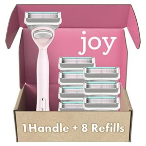 joy razors for women, 1 handle, 8 razor blade refills, pink, lubrastrip to help avoid skin irritation