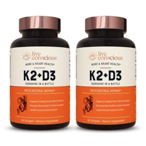 live conscious vitamin k2 mk7 with d3 supplement by livewell | bone & heart health support – patented vitamin k & vitamin d3 5000 iu – 120 softgels (2-pack)