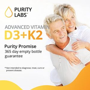 Purity Labs Vitamin D3 + K2 - Immune Support Supplement Enhanced with Bioperine - Vegan Supplements for Daily Defense, Bone, Muscle, and Skin Health - 120 Capsules