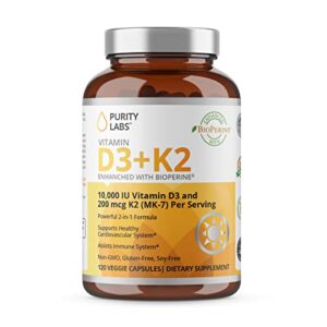 purity labs vitamin d3 + k2 – immune support supplement enhanced with bioperine – vegan supplements for daily defense, bone, muscle, and skin health – 120 capsules
