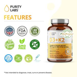 Purity Labs Vitamin D3 + K2 - Immune Support Supplement Enhanced with Bioperine - Vegan Supplements for Daily Defense, Bone, Muscle, and Skin Health - 120 Capsules