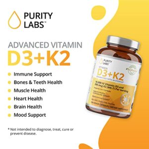 Purity Labs Vitamin D3 + K2 - Immune Support Supplement Enhanced with Bioperine - Vegan Supplements for Daily Defense, Bone, Muscle, and Skin Health - 120 Capsules