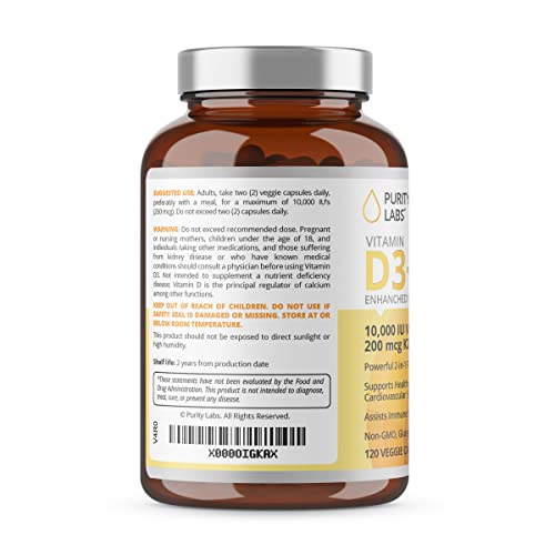Purity Labs Vitamin D3 + K2 - Immune Support Supplement Enhanced with Bioperine - Vegan Supplements for Daily Defense, Bone, Muscle, and Skin Health - 120 Capsules