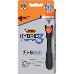 bic comfort 3 refillable three-blade disposable razor for men, sensitive skin razor for a comfortable shave, 1 handle and 6 cartridges, 7 piece razor set