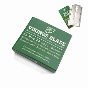 double edge safety razor blades, swedish steel, 50 count, by vikings blade, platinum coated replacement razor blade & refills, eco friendly, smooth, close, clean shaving blades, mild & gentle on skin