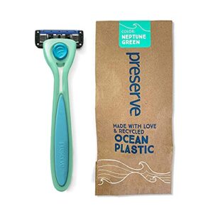 preserve popi shave 5 razor system made with recycled ocean plastic and 5-blade cartridge, neptune green