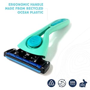 Preserve POPi Shave 5 Razor System Made with Recycled Ocean Plastic and 5-blade cartridge, Neptune Green