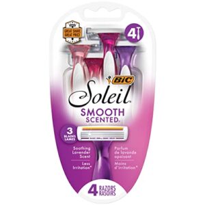 bic soleil smooth scent women’s disposable razor, 3 blades with a moisture strip for a silky shave, assorted, 4 piece razor set (st3wp41-art)