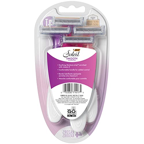 BIC Soleil Smooth Scent Women’s Disposable Razor, 3 Blades with a Moisture Strip For a Silky Shave, Assorted, 4 Piece Razor Set (ST3WP41-ART)