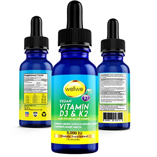 Vitamin D3 K2 Liquid Drops - Vegan Vitamin D3 5000 IU, Vitamin D Drops Adult, No Fillers, Non-GMO, No Taste, Liquid Vitamin d3 with k2 Supplement to Boost Energy Levels, Mood, Immune System, 1 fl oz