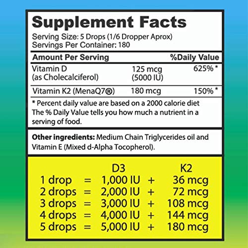 Vitamin D3 K2 Liquid Drops - Vegan Vitamin D3 5000 IU, Vitamin D Drops Adult, No Fillers, Non-GMO, No Taste, Liquid Vitamin d3 with k2 Supplement to Boost Energy Levels, Mood, Immune System, 1 fl oz