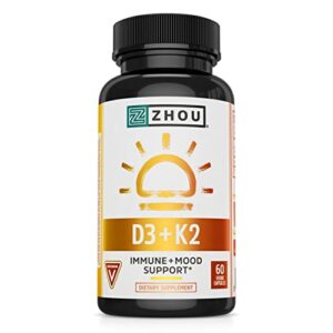 zhou nutrition vitamin d3 k2, bone and heart health formula 5000 iu vitamin d3 & 100 mcg vitamin k2, max strength 2 in 1 immune support and calcium absorption, gluten free, 60 count