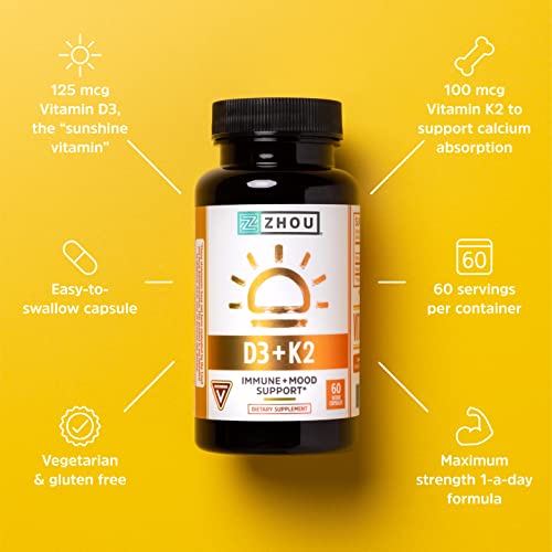 Zhou Nutrition Vitamin D3 K2, Bone and Heart Health Formula 5000 IU Vitamin D3 & 100 mcg Vitamin K2, Max Strength 2 in 1 Immune Support and Calcium Absorption, Gluten Free, 60 Count